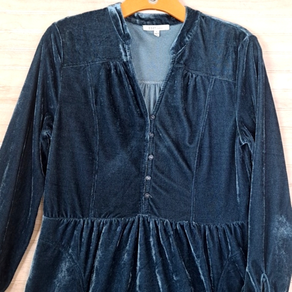 Cozy Casual Velvet Long Sleeve Button Front Pockets Dark Teal Relaxed Fit Dress - Picture 8 of 12